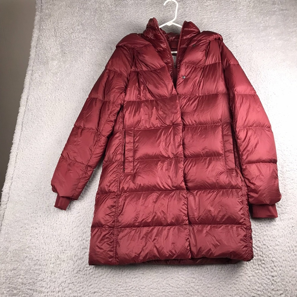 Athleta Lofty Down Coat Womens XS Burgundy Insulated Hooded Puffer Jacket